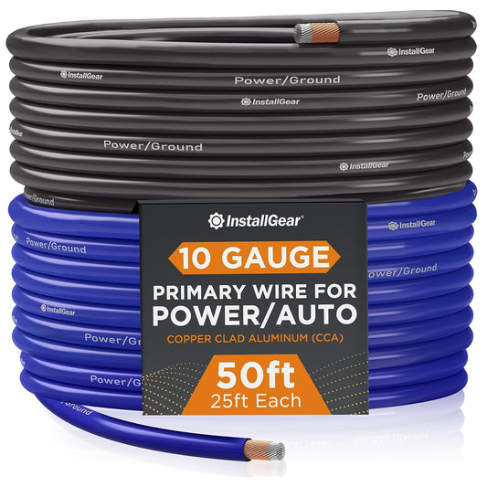 10 Gauge Wire (50Ft) Copper Clad Aluminum CAA - Primary Automotive Wire, Car Amplifier Power & Ground Cable, Battery Cable, Car Audio Speaker Stereo, RV Trailer Wiring Welding Cable 10Ga