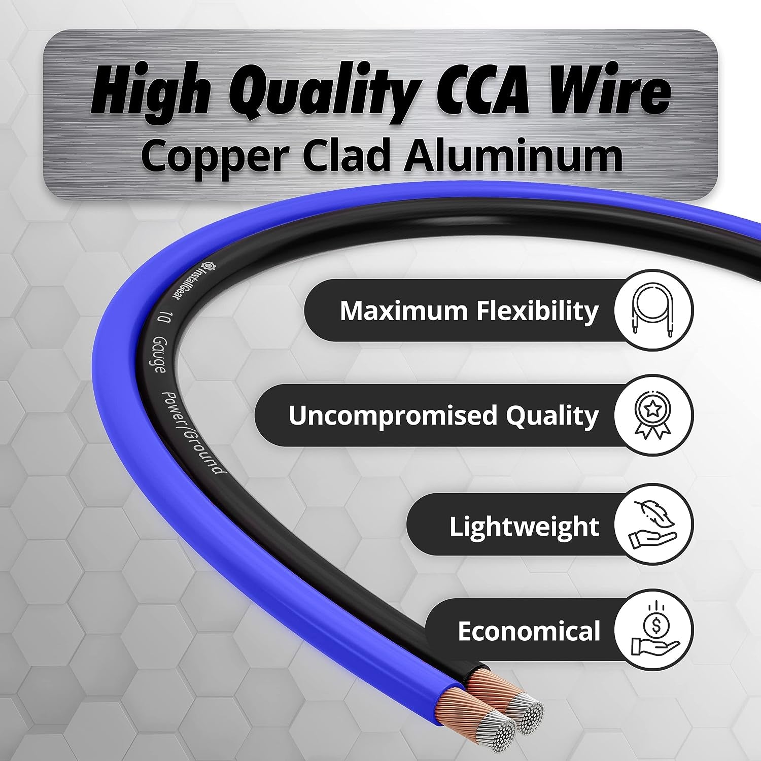 10 Gauge Wire (50Ft) Copper Clad Aluminum CAA - Primary Automotive Wire, Car Amplifier Power & Ground Cable, Battery Cable, Car Audio Speaker Stereo, RV Trailer Wiring Welding Cable 10Ga